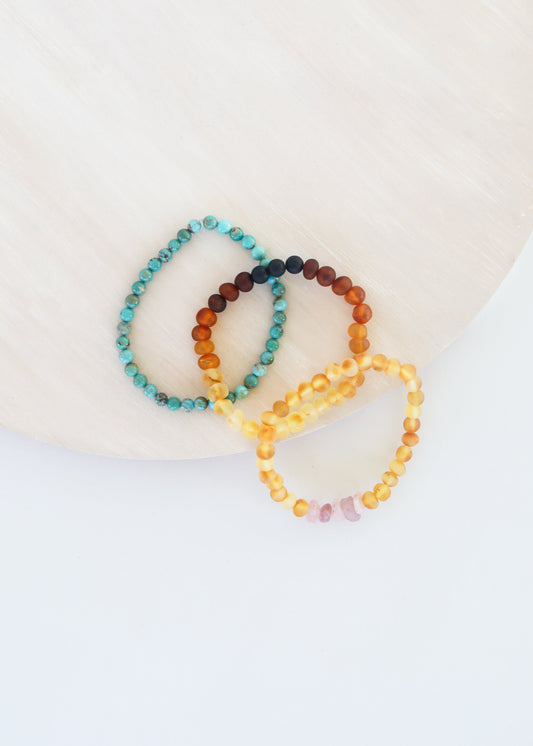 Natural Turquoise + Ombre + Raw Amber with Rose Quartz || Adult Bracelet Set