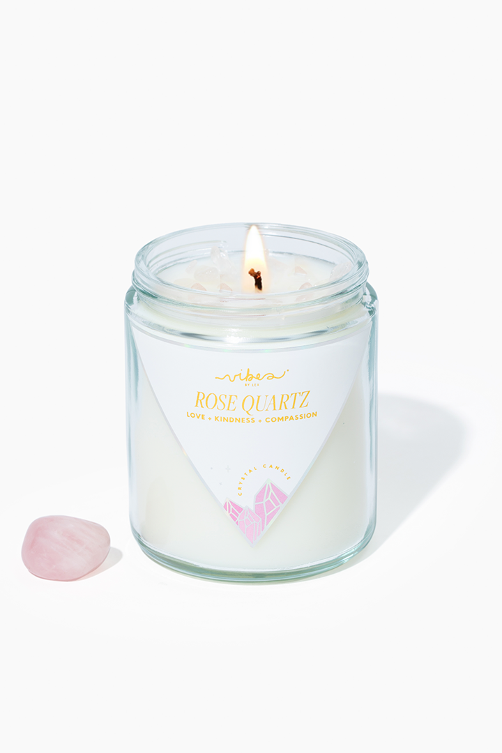 Crystal Candle -Rose Quartz - Love + Kindness + Compassion - 7.5oz Crystal Candle