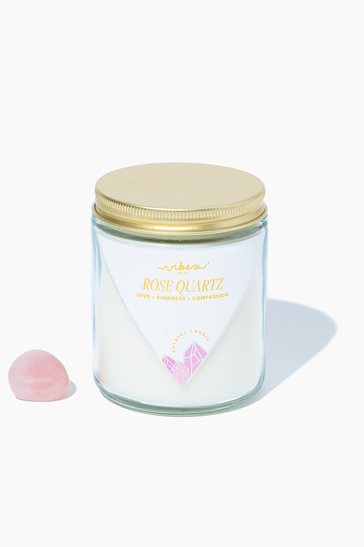 Crystal Candle -Rose Quartz - Love + Kindness + Compassion - 7.5oz Crystal Candle